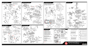 3S-GTE Gen 5 quick reference chart: exploded diagrams of the exhaust and intake manifolds, covers and fuel system, top end and timing, oil pump and oil pan, and bottom end, with torque callouts and part numbers