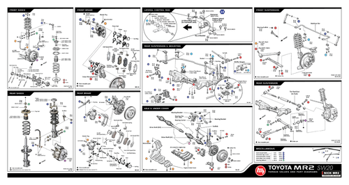 Full SW20 MR2 chassis torque reference chart: exploded diagrams of the shocks, brakes, suspension, mounts and axles with color-coded socket sizes (torque values hidden in preview)