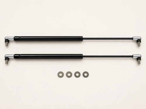 Pair of black SW20 MR2 hood struts with silver end fittings and the four included washers