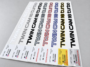 TWIN CAM 16 turbo decal set for the SW20 MR2 in eight color combinations, each with a built-in install alignment tab