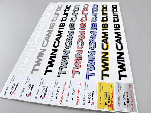 TWIN CAM 16 turbo decal set for the SW20 MR2 in eight color combinations, each with a built-in install alignment tab
